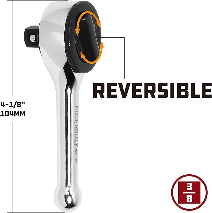 Powerbuilt 3/8 in. Drive Stubby Spin Disc Ratchet – 4-1/8 in. Length, Spiral-Machined Handle, Mirror Chrome Finish, Chrome Vanadium Steel – 641514