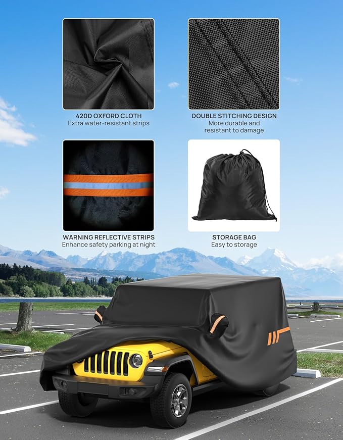JOYTUTUS Car Cover Compatible with 4 Doors Wrangler JK JL TJ YJ CJ7, Water-Resistant All Weather Cover 1976-2026 Wrangler Unlimited, Windproof Dustproof Scratch Resistant Auto Cover