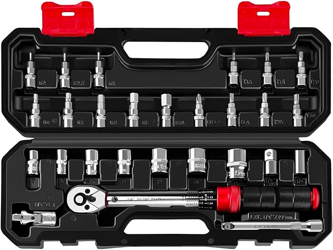 YIYITOOLS 27Pcs 1/4 Inch Drive Click Torque Wrench Set, Bike Maintenance Kit with Bit Sockets, Adapter, Universal Joint & Extension Bar, 2.3-27.1NM (20-240IN.LB) ±3% Precision