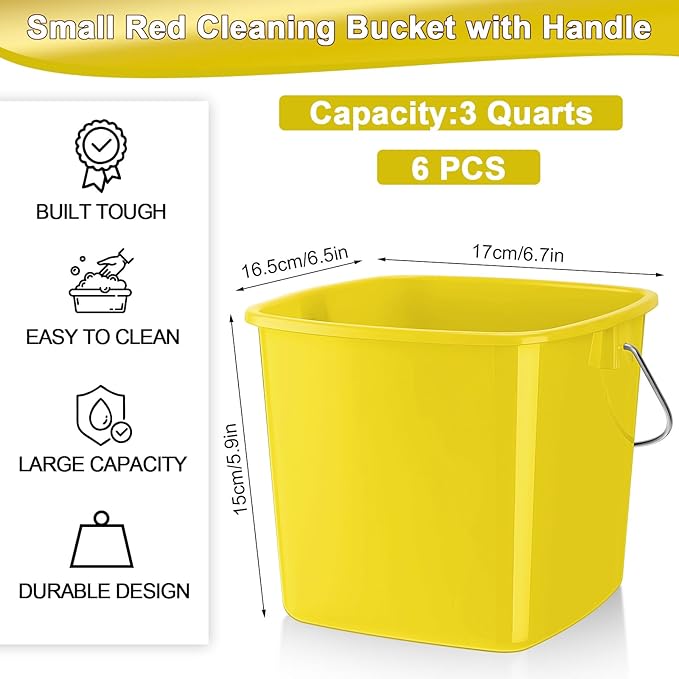 Zhehao 6 Pcs 3 Quart Bucket for Cleaning Small Sanitizer Bucket for Restaurant Square Plastic Pail with Handles for Home, Offices, Commercial Use, Food Service(Yellow)