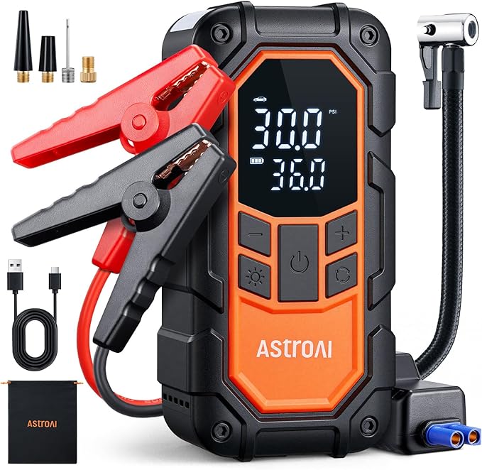 AstroAI S8 Air Nano Jump Starter with Air Compressor, 1500A Peak Car Battery Jump Starter Portable (6.0 Gas/3.0L Diesel) with 150PSI Auto-Shutoff Tire Inflator, 12V Battery Charger Booster(Orange)