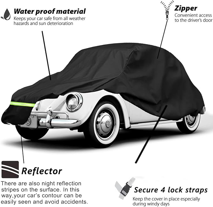 YIXIN Waterproof Car Covers for 1960-1980 Volkswagen Beetle Bug Sedan 2-Door Saloon Car Covers 190T Covers Customer Fit 100% Waterproof Windproof Strap & Double Door Zipper Up to 167” L (Black)