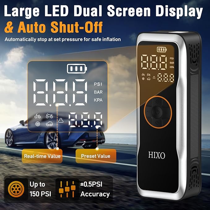 Tire Inflator Portable Air Compressor, 150PSI Air Compressor with Digital Pressure Gauge, 20000mAh & 3X Faster Portable Air Pump for Car, Motorcycle, Bicycle, Ball and More