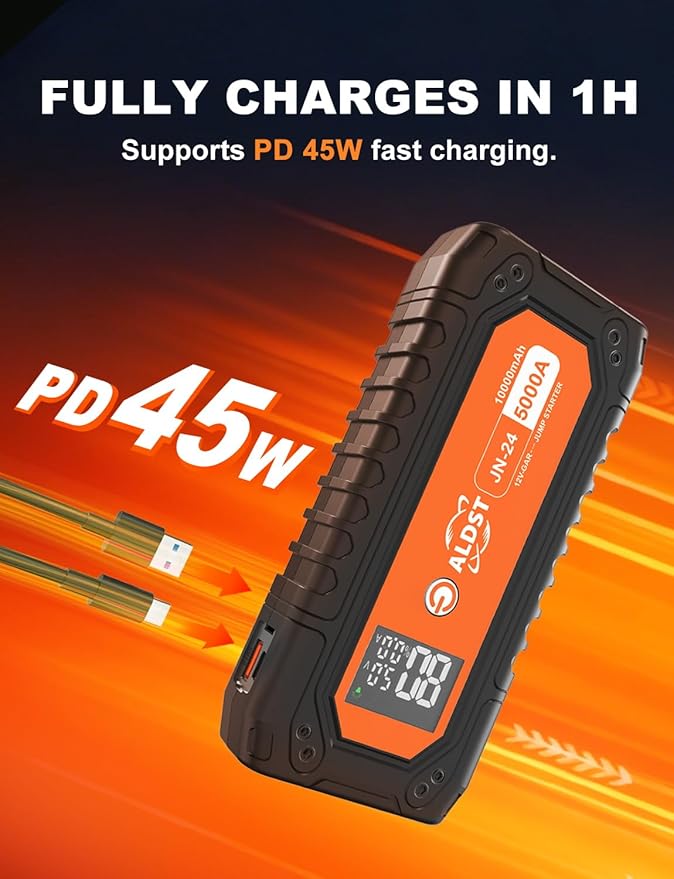 Car Battery Jump Starter 5000A, 45W PD Super Fast Charging Technology, 12V Portable Battery Jumper Booster Box with Cables LED Display Flashlight for 9.0L Gas 8.0L Diesel Engines