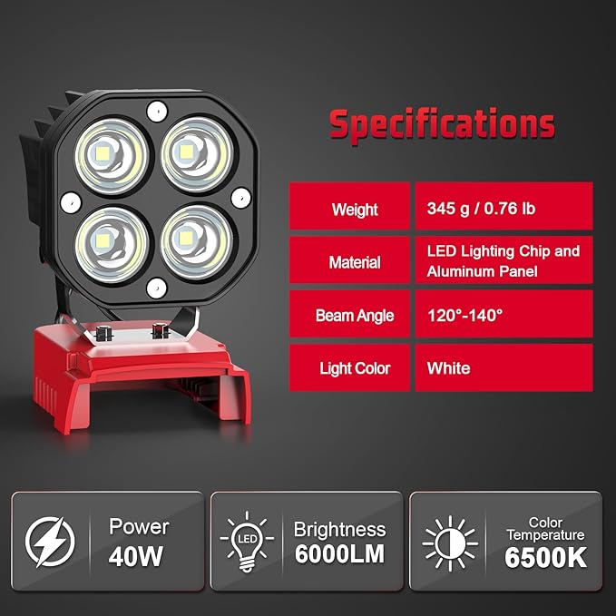 6000LM Work Light Compatible with Milwaukee 18V Battery, Portable 40W LED Light with Low Voltage Protection Adjustable 120° Flashlight Gift for Car Repairing, Workshop, Outdoor, Emergency