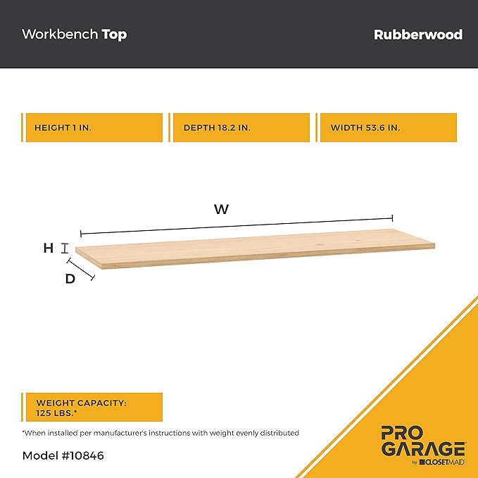 ClosetMaid ProGarage Workbench Top, Heavy Duty Rubberwood, Scratch Resistant, Durable, for Garage or Workshop