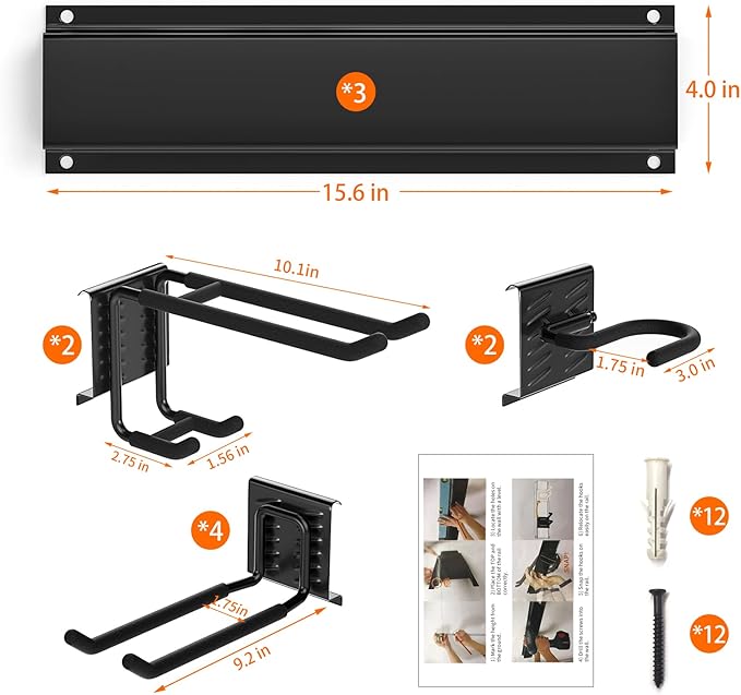 Garage Tool Organizer Wall Mount Garden Tool Organizer 11pcs Adjustable Garage Organizers with 8 Heavy Duty Hooks, Max Load 500lbs Garage Storage for Yard Garden Tools, Shovels, Trimmers, Hoses