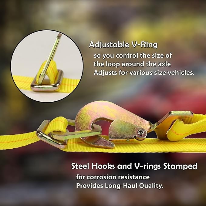 DC Cargo Mall 2 Pack Ratchet Axle Strap Tie Downs (2" Wide x 114" Long) with Adjustable Ring and Slipfree Webbing for Secure Auto Hauling, Heavy-Duty Tow Straps for Car Trailers and Auto Carriers