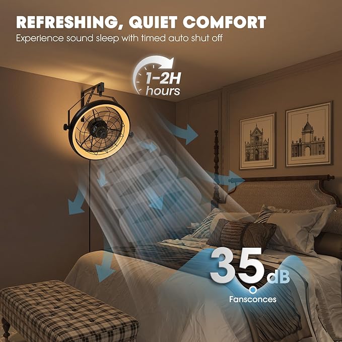 Wall Mounted Fan with Lights, 23” Wall Mount Fan with Remote, 6 Speeds Plug in Wall Fan, Reversible, 3CCT, Dimmable, Noiseless, 360°Adjustable Tilt for Workshop, Patio, Home