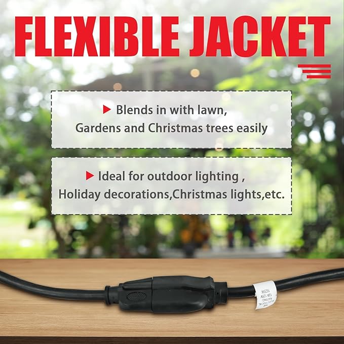 EP 25FT Black Outdoor Extension Cord, 16/3 SJTW Heavy Duty Waterproof, 3 Prong Grounded Plug, 13A 1625W 16AWG, Cold-Resistant Flexible Power Cable for Garden, Home, Christmas Lights