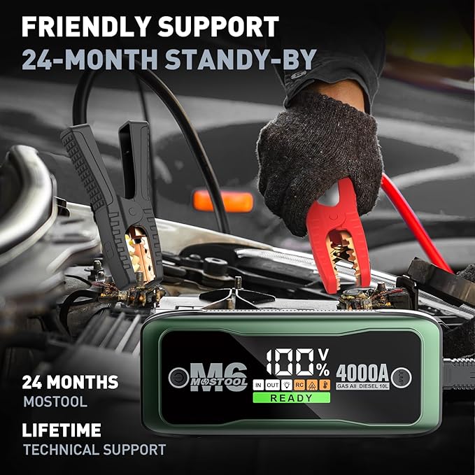 MOSTOOL M6 4000A Portable Jump Starter with AC Adapter, Startup to All Gas and 10.0L Diesel Engines, Battery Jumper Starter Portable for 12V Car Battery Jump, Smart LCD Screen Jump Box for Car, Green