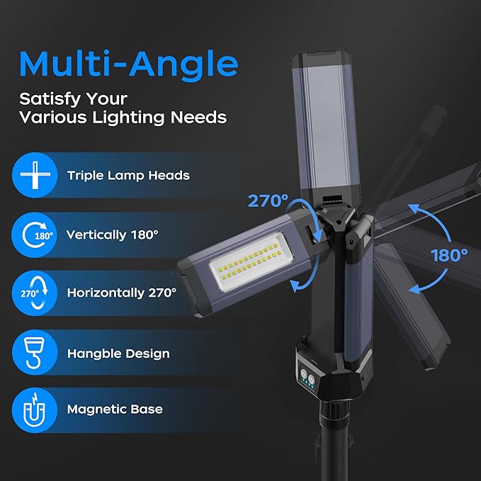 Rechargeable LED Work Light with Stand, 67" Tall Portable Cordless Work Light, 8AH Battery, 500/1500/2500 Lumen, 4000/6500K Dimmable Camping Light with Detachable Tripod Grey (Carrying Bag Included)