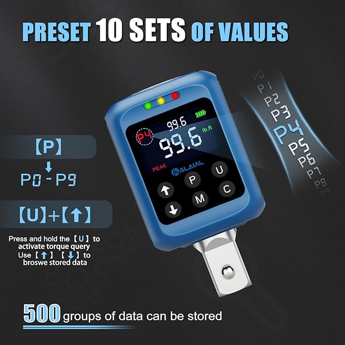 Digital Torque Adapter 1/2", 1.5-99.6 Ft-lb/2-135 Nm, Digital Torque Wrench Converter with ±2% Accuracy, Buzzer and LED Indicator, 2 Modes, 4 Units, 3/8'' & 1/4'' Adapters for Car, Moto