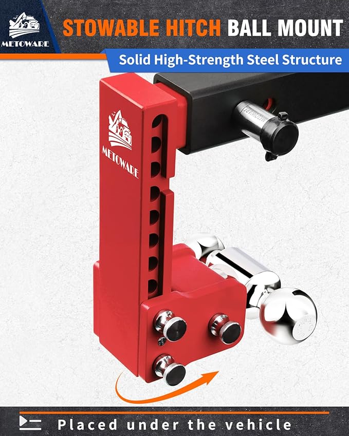 METOWARE Adjustable Trailer Hitches Fits 2 Inch Receiver, Adjustable Ball Mount with 8-Inch Drop/Rise (12,500 LBS GTW), Dual Ball (2'' x 2-5/16'') and Anti-Theft Stainless Steel Trailer Lock (Red)
