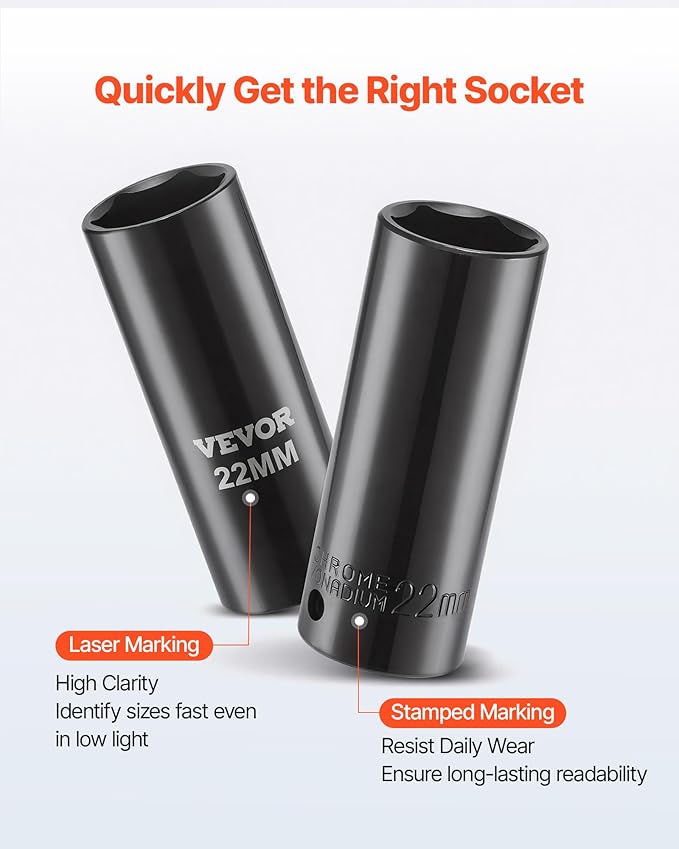 VEVOR 1/2" Drive Impact Socket Set, 29-Piece Deep Sockets Standard SAE (3/8 to 1 inch) and Metric (10 to 24 mm) Size, 6 Point, CR-V Steel, Extension Bars (3", 5", 10")