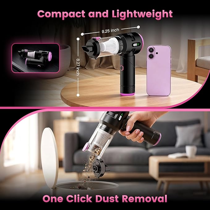 Wansimoo Handheld Car Vacuum Cleaner,25000PA Strong Cyclonic Suction Foldable Mini Vacuum Portable Cordless with Digital Display and One Touch Dust Removal for Car, Home, Office, Kitchen (Purple)