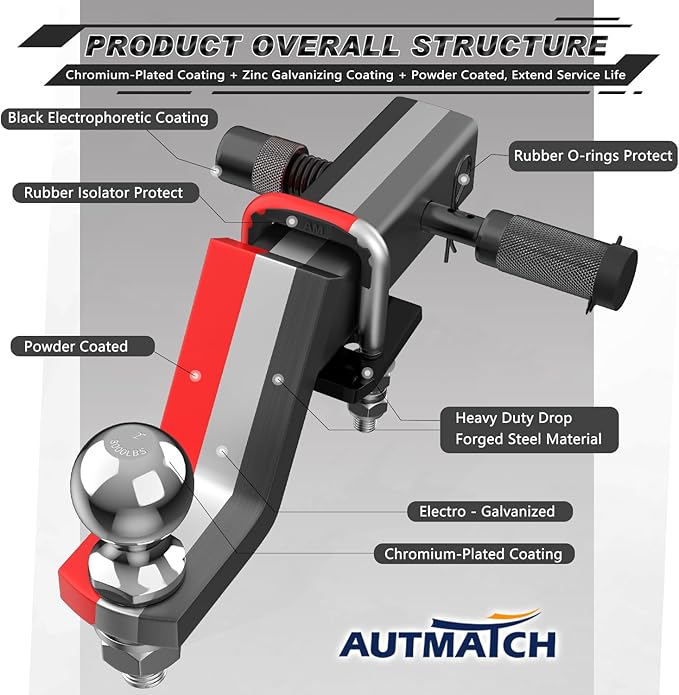 AUTMATCH Trailer Hitch Ball Mount with 2 Inch Hitch Ball - Fits 2" Receiver with Hitch Tightener, 8000Lbs Capacity Ball Hitch, 4-Inch Drop with 5/8" Hitch Lock Pin, Red & Black