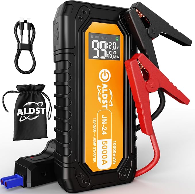 Car Battery Jump Starter 5000A, 45W PD Super Fast Charging Technology, 12V Portable Battery Jumper Booster Box with Cables LED Display Flashlight for 9.0L Gas 8.0L Diesel Engines
