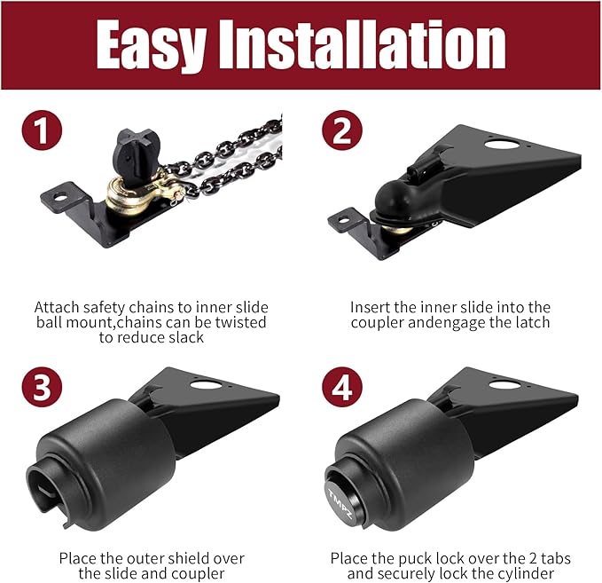 TMPZ Upgraded Heavy Duty Steel Trailer Hitch Lock for 2-5/16 Inch Couplers – Coupler Lock Secures Safety Chains, Anti-Theft Weatherproof Protection for RV, Boat, Camper & Utility Trailers (Black)