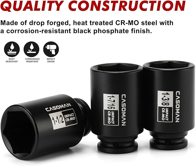 CASOMAN 1/2-Inch Drive Deep Spindle Axle Nut Impact Socket Set, Inch, Cr-Mo, 6-Point, 1-3/8-Inch - 1-3/4-Inch, 7 Piece Axle Socket Set