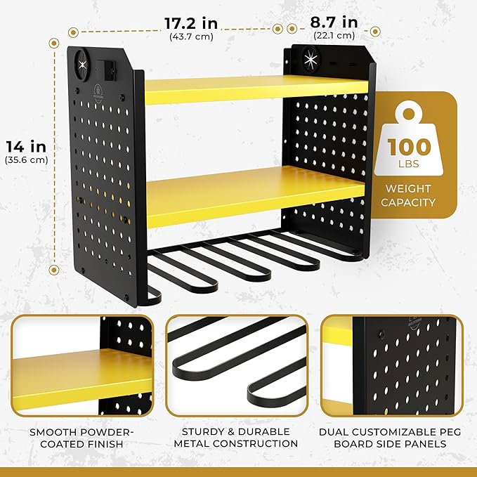 BUILTSTRONG Power Tool Organizer - 6 Drill Holder Wall Mount, 3 Tier Heavy-Duty Hand Storage Rack, Utility Racks, 2 Pegboard Sides - Garage Cordless Organizer (Yellow)
