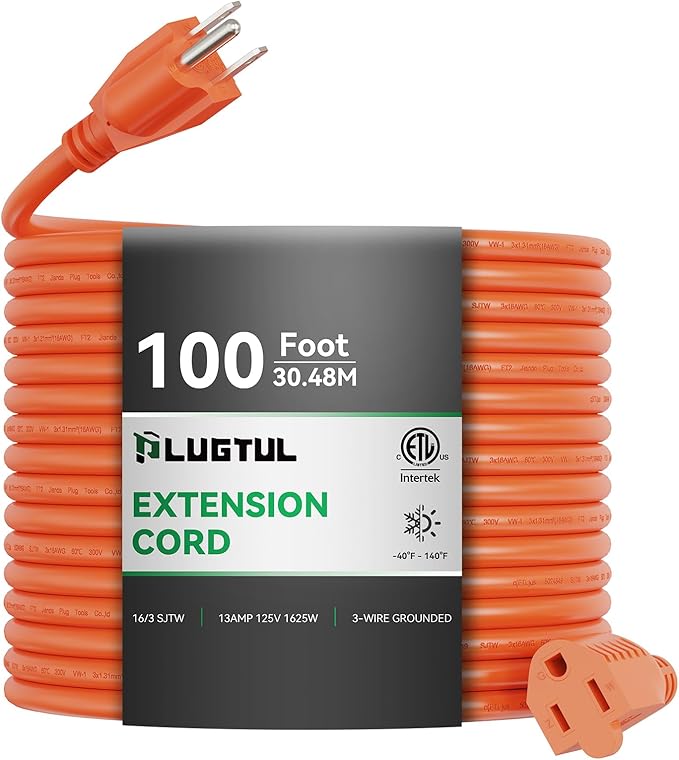 Outdoor Extension Cord 100 FT Waterproof, 16/3 Gauge Heavy Duty 3 Prong Extension Cord, 13A 1625W SJTW, ETL Listed, Great for Garden and Home, Orange