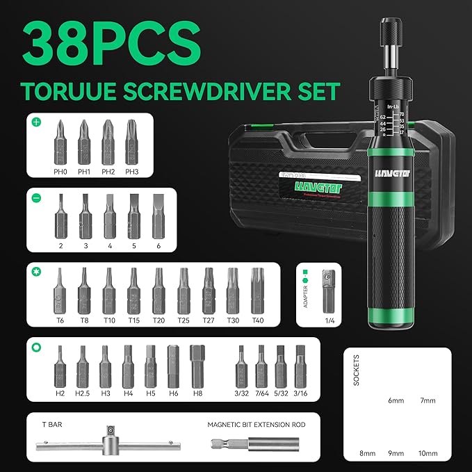 Torque Screwdriver,8-70 in.lb(1/4" Drive) Inch Pound Torque Wrench with S2 Steel Bits & Case - torque screwdriver for gunsmithing.