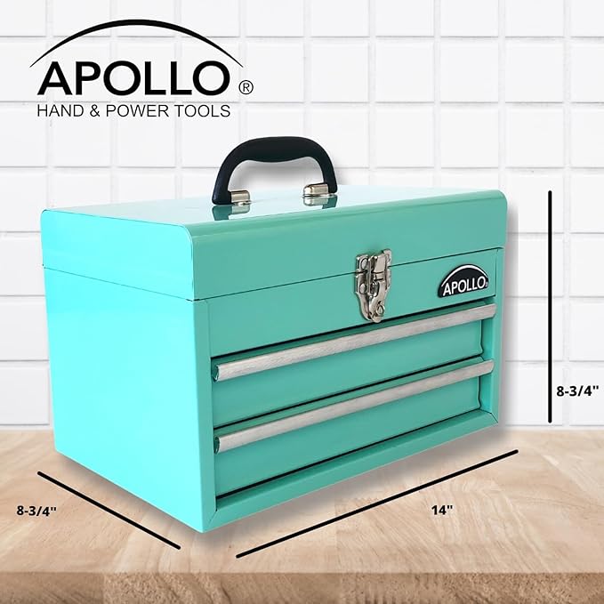 Apollo Tools 14 Inch Steel Tool Box with Deep Top Compartment and 2 Drawers in Heavy-Duty Steel With Ball Bearing Opening and Powder Coated Finish - Aqua Green - DT5010-GR