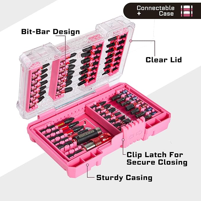 Geinxurn 48Pieces Impact Screwdriver Bits Set, Magnetic S2 Steel Phillips/Slotted/Square/Torx Insert Power Bits Tips, Impact Bit Holder with Pink Storage Box Case