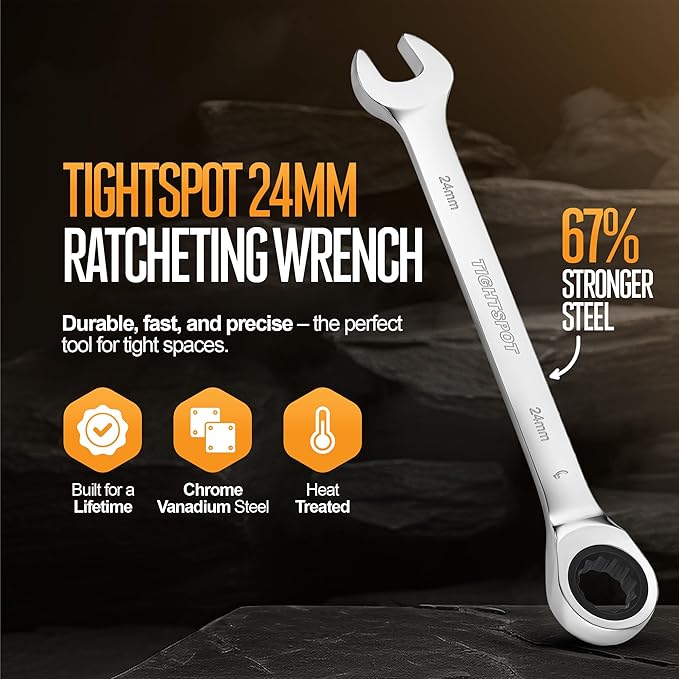 TIGHTSPOT 24 mm Ratchet Combination Wrench with Precision Movement and Hardened, Polished Steel for Projects with Metric Tight Spaces