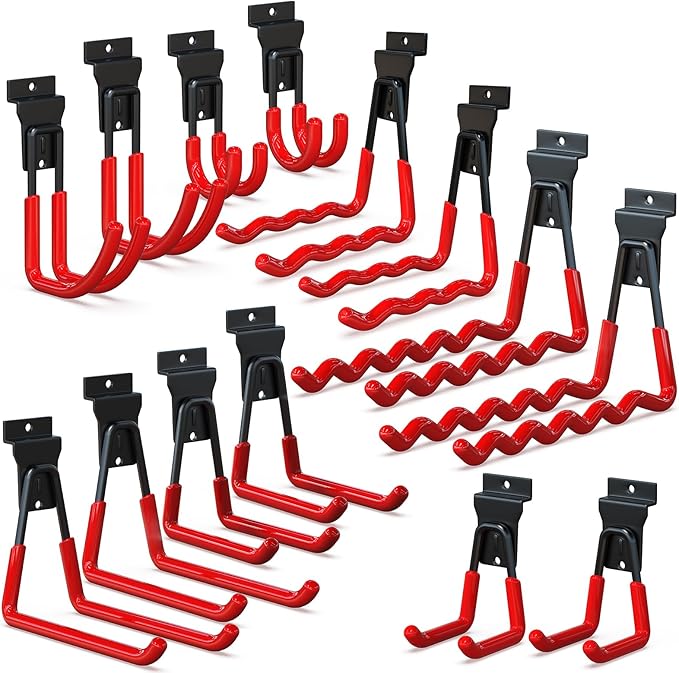 3-H Slatwall Hooks 14 Pack Heavy Duty Multi Sizes, Slatwall Accessories & Hangers Compatible with Proslat Handiwall Crownwall StoreWALL, Garage Slat Wall Hooks for Tools & Daily Items(Red)