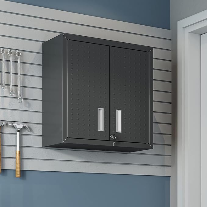 Manhattan Comfort Fortress Floating Garage Storage Cabinet with Adjustable Shelves and Lock, Recessed Handles, Metal Wall Mounted Lockable Utility Cabinet, Steel Garage Storage in Charcoal Gray