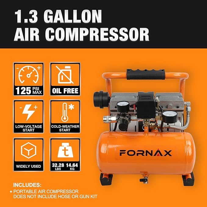 FORNAX Ultra Quiet Air Compressor, 1.3Gallon, 1HP, 65dB Silent Oil-Free Portable Compressor, 125 PSI Max, 120V, for Tire Inflation, Nail Gun, Garage, Bike, Pneumatic Tools