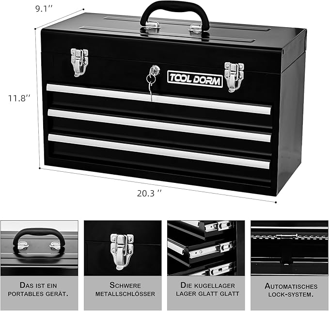 20.3“ Metal Tool Box with Drawers Portable Steel Tool Box with Protective Liner and Latch Closure and Lock for Garage, Home and Warehouse (Black-3 Drawers)