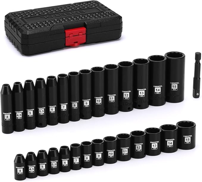 EMENTOL 1/4" Drive Impact Socket Set, 29 Pieces Deep & Shallow Socket Set, Metric 4-15mm, 12 Point CR-V, Includes Drill Bit Adapter