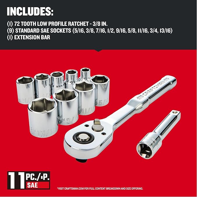 CRAFTSMAN Mechanics Tool Set, 3/8 Inch Drive, SAE, 11 Piece (CMMT12126)