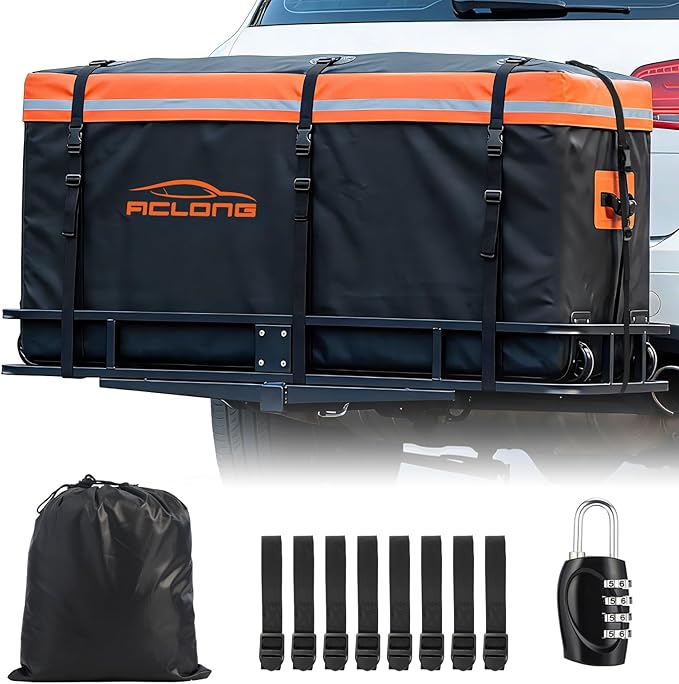 Hitch Mount Cargo Carrier Bag, Waterproof Soft Shell 20 Cubic Feet, Universal for Truck Pickup with Hitch Basket, 8 Reinforced Straps, Solid Buckles,Reflective Strip,Carry Handles,Combination Lock