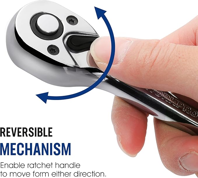 WORKPRO 3/8-Inch Drive Ratchet Wrench, 72-Tooth Reversible Ratchet, Quick-Release 3/8 Drive Ratchet Handle, CR-MO Head, Chrome Plated Finish