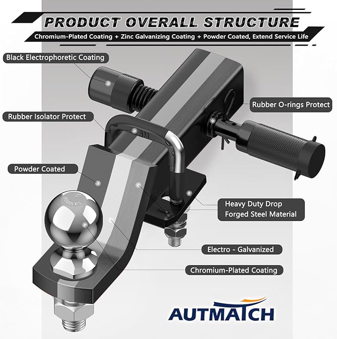 AUTMATCH Trailer Hitch Ball Mount with 2 Inch Hitch Ball - Fits 2" Receiver and 2-Inch Drop Tow Hitch, 8000Lbs Capacity Ball Hitch, Hitch Tightener with 5/8" Anti-Theft Hitch Lock Pin, Black