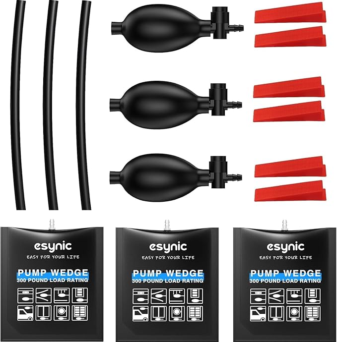 eSynic 3 Pack Air Wedge Bag Kit – 300lbs Heavy-Duty TPU Door Lifting Bag with Quick-Release Valve & 6 Plastic Wedges 2.4" Lift Height Durable Air Shim– Perfect for Door/Window Furniture Installation