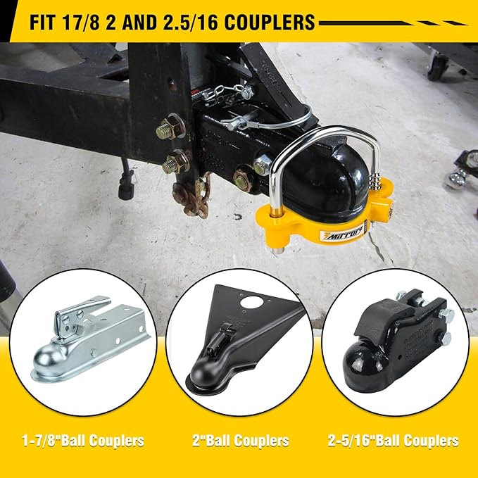 3mirrors Trailer Hitch Locks - Ball Hitch Lock + 2 Hitch Pin Lock Fits 1-7/8 Inch, 2 Inch, 2-5/16 Inch Couplers for Trailer Truck Car Boat
