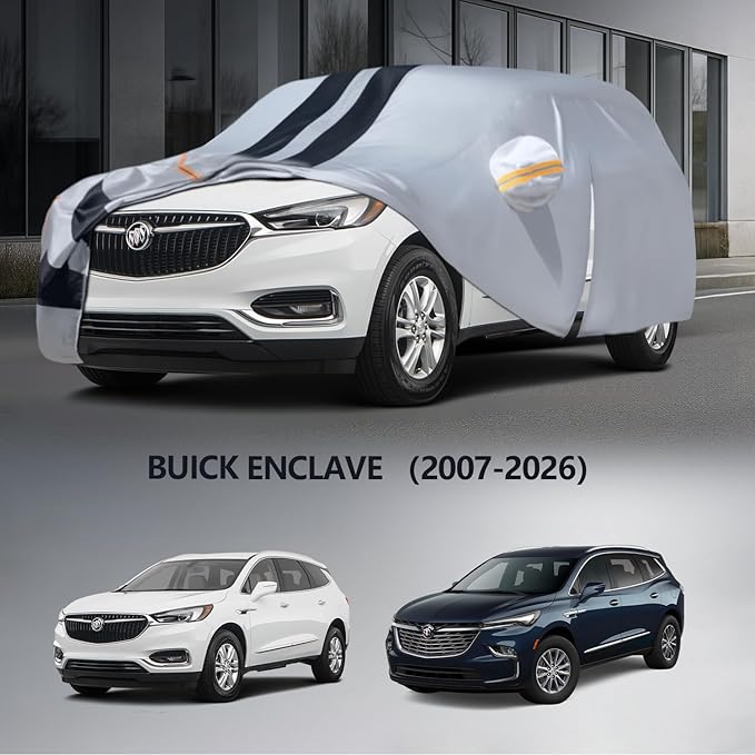 Multi-Layer Car Cover Custom Fit for Buick Enclave(2007-2026), 100% Waterproof All Weather for Automobiles, Gift with Towel, Heavy Duty Car Covers for Rain Sun UV Protection with Door Zipper
