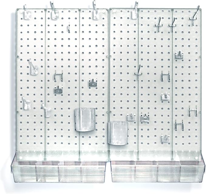 Azar Displays 900945-CLR The DIY Multi-purpose 70-piece Pegboard Wall Organizer Kit with Two Panels and Accessory Assortment, Panel Sizes: 13.5” W x 22” H each, Clear Frosted