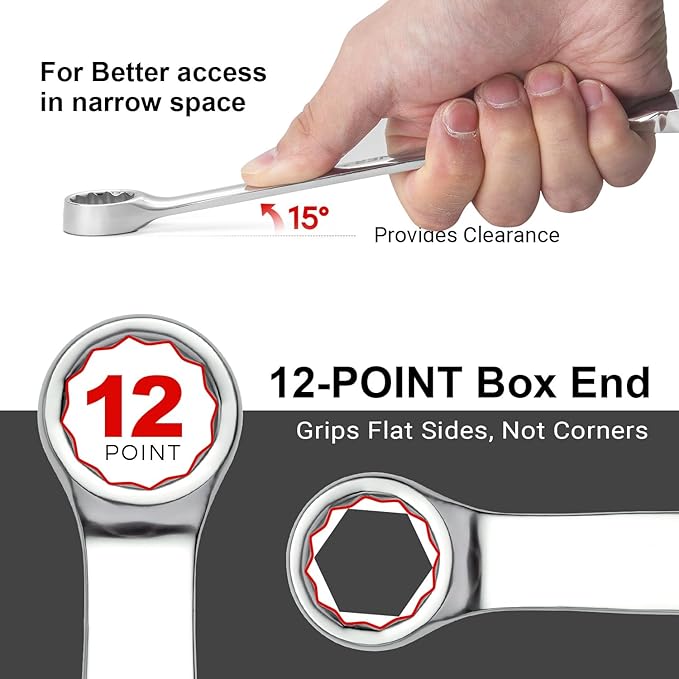 MAXPOWER 15/16" Combination Wrench, Industrial Grade – 12-Point Box End, Chrome Vanadium Steel, Off-Corner Design, 15° Offset - SAE