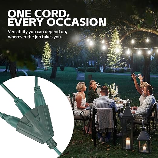 MaxWorks 80697 Heavy Duty 3-Ft Extension Cord, 16/3 SJTW, 3-Outlet, 125V/13A/1625W, ETL Approved, Indoor/Outdoor Use, Green – Converts 1 Outlet to 3