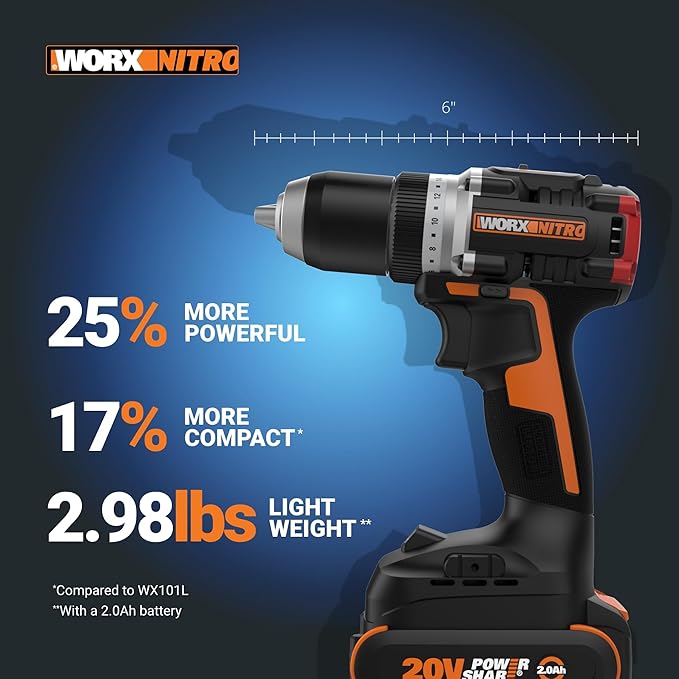 Worx Nitro 20V Cordless 1/2" Drill Driver With Brushless Motor - Compact & Lightweight Set Only 6" and 3 lbs. - Power Share Compatible WX130L - Batteries & Charger Included, Black