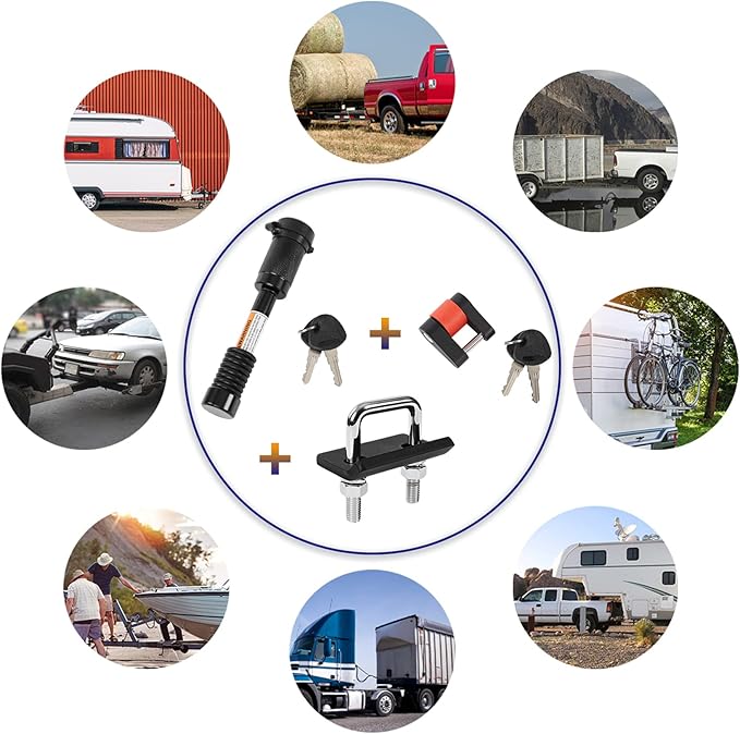 Hitch Lock Set Keyed Alike, 5/8" Dia Trailer Hitch Lock Fits Class III, IV, V Receivers, Anti-Rattle Hitch Tightener for 1.25" and 2" Hitches, 1/4" Dia Trailer Tongue Lock for Tow Boat RV Truck