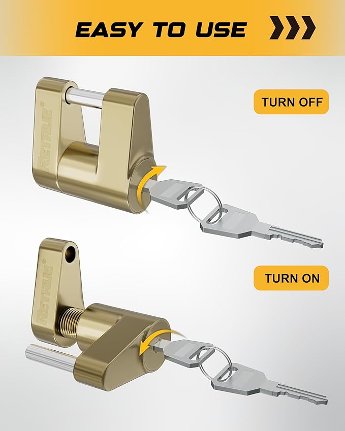 RETRUE Trailer Tongue Coupler Lock, Trailer Hitch Lock,Dia 1/4 Inch, 3/4 Inch Span for Tow Boat RV Truck Car's Coupler, Gold