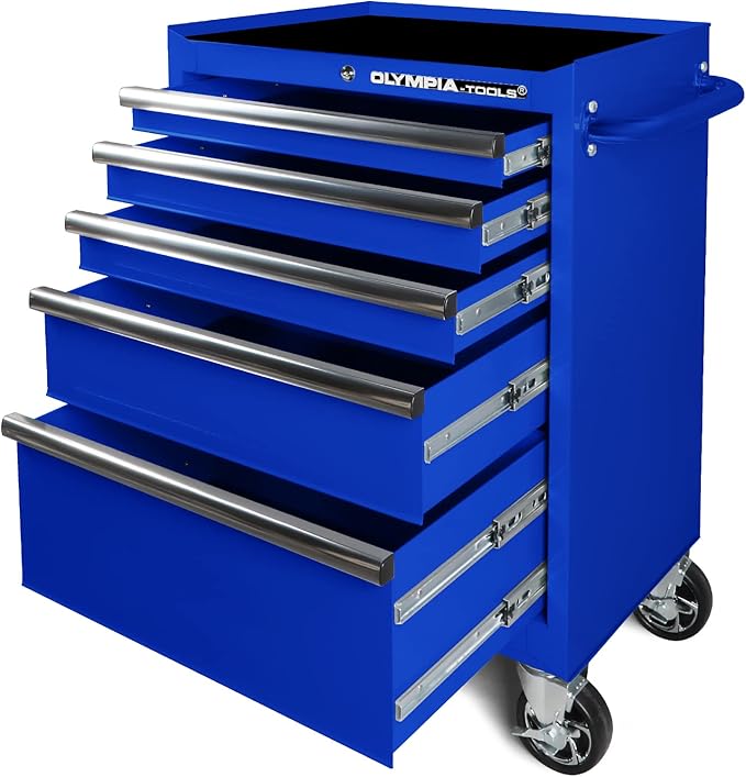 Olympia Tools 5-Drawer Tool Chest, 27-Inch Rolling Metal Tool Storage Cabinet with Casters, Locking System, Drawer Liner, 600 lbs Load Capacity, Blue
