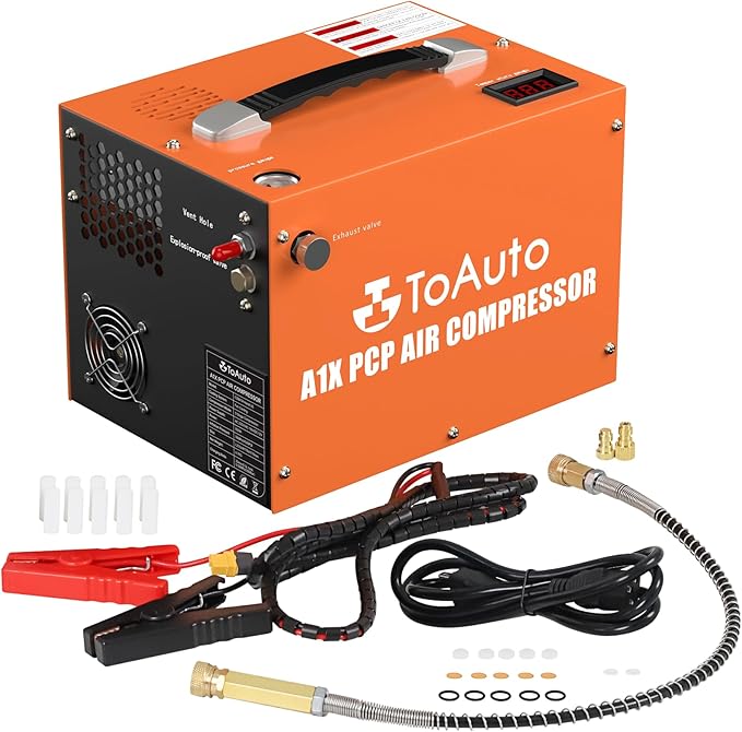 TOAUTO A1X PCP Air Compressor,4500Psi 30Mpa, Water/Oil-Free, One Button Start, Bursting disc, Powered by Car 12V DC or Home 110V AC (A1X)